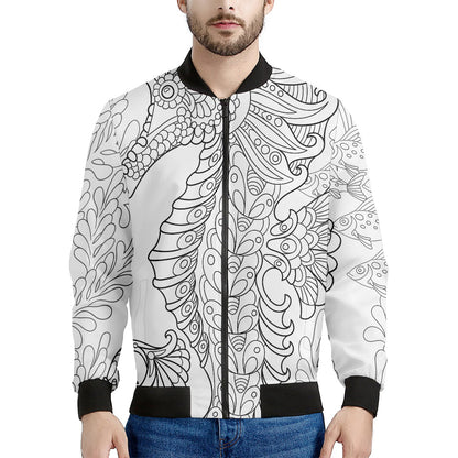 Black And White Seahorse Print Men's Bomber Jacket