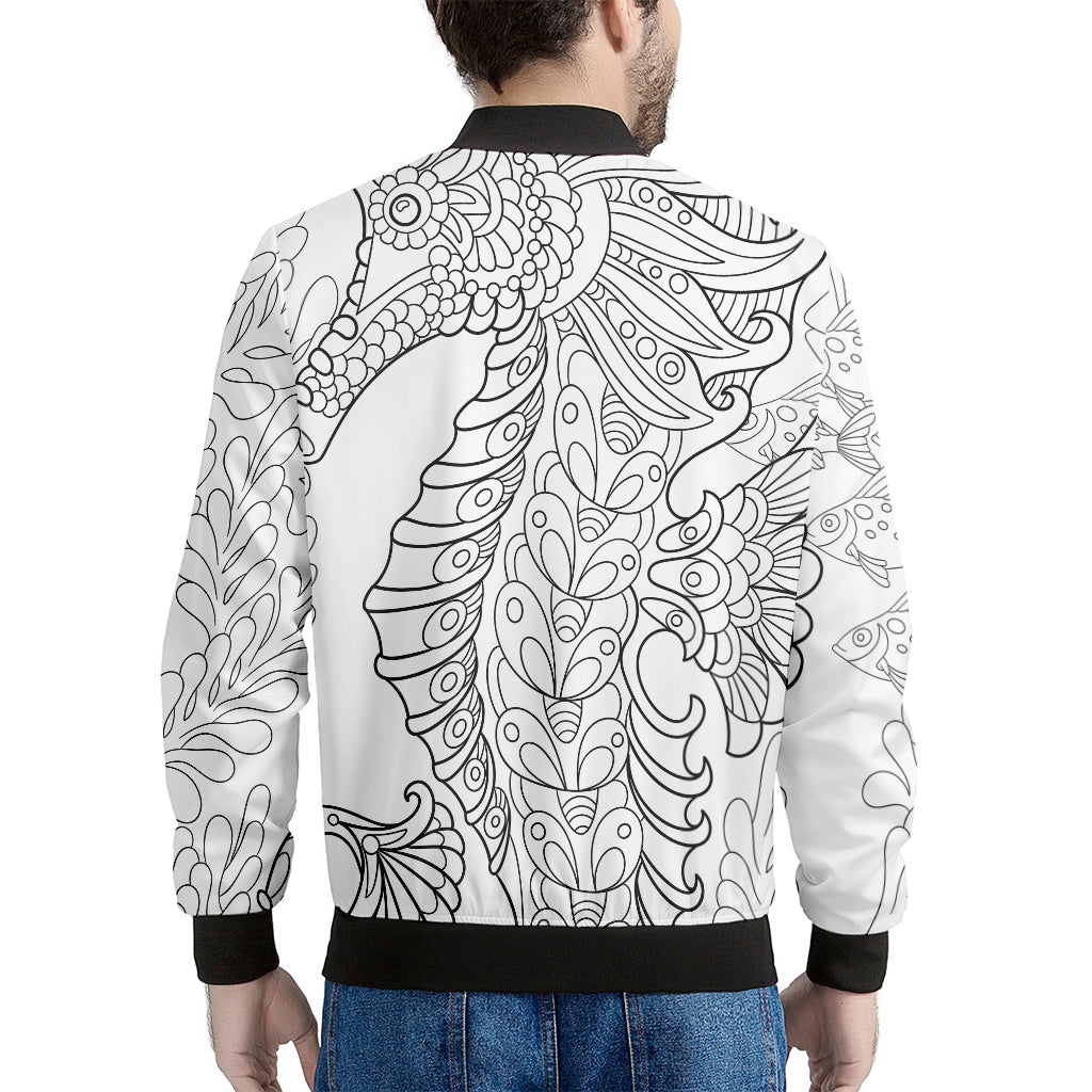 Black And White Seahorse Print Men's Bomber Jacket