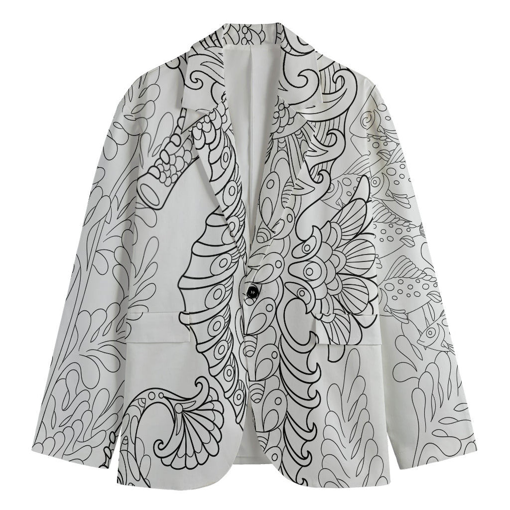Black And White Seahorse Print Men's Cotton Blazer