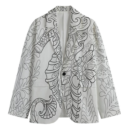 Black And White Seahorse Print Men's Cotton Blazer