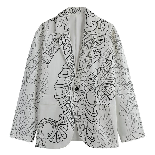 Black And White Seahorse Print Men's Cotton Blazer