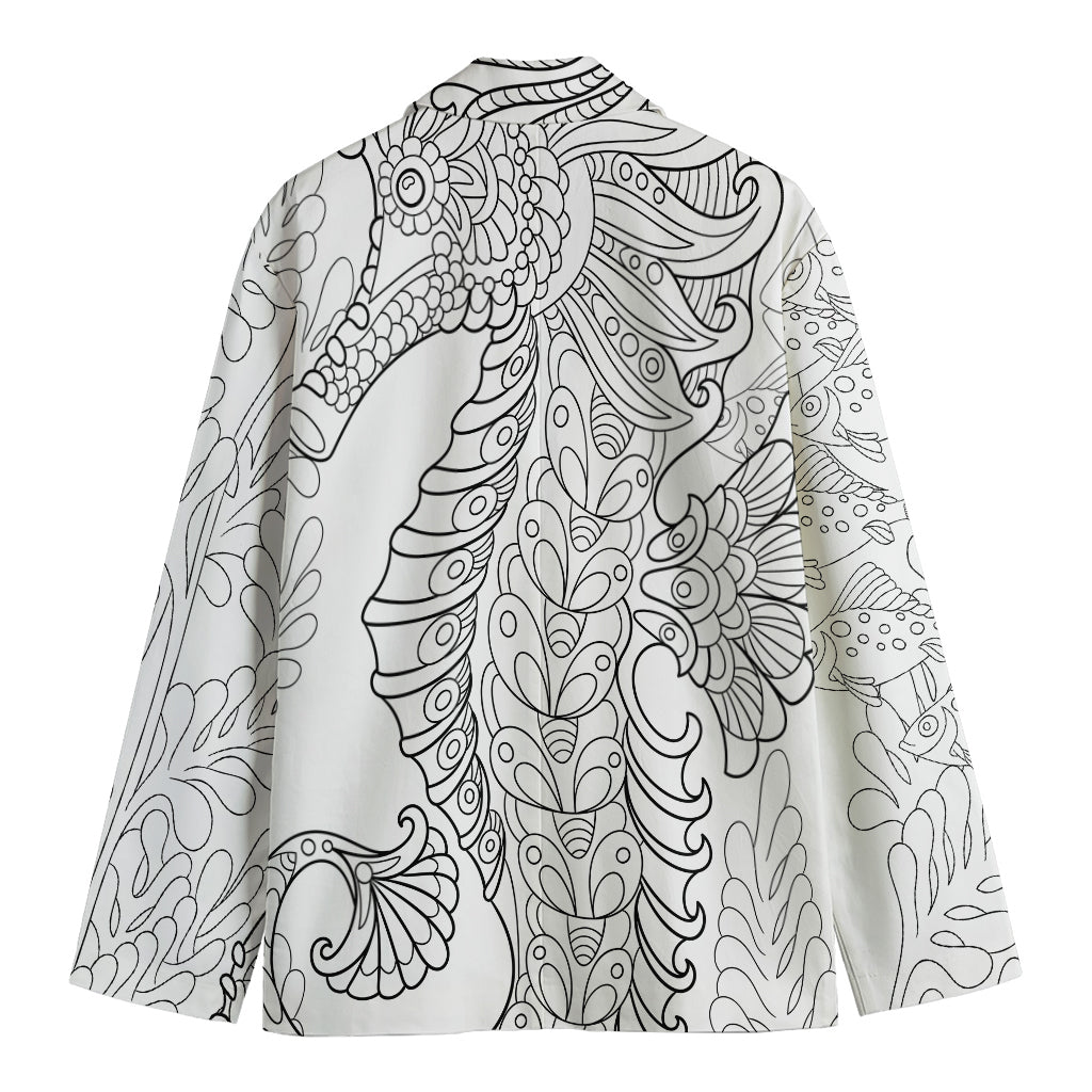 Black And White Seahorse Print Men's Cotton Blazer