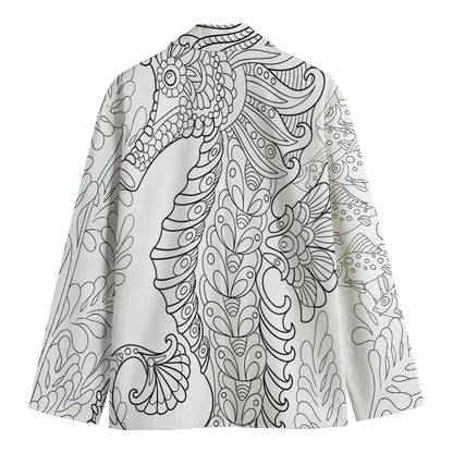 Black And White Seahorse Print Men's Cotton Blazer