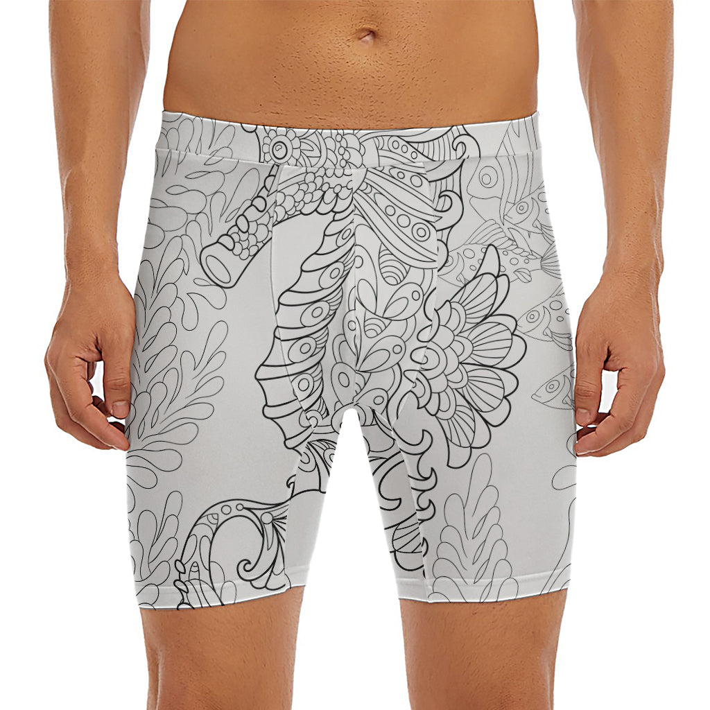 Black And White Seahorse Print Men's Long Boxer Briefs