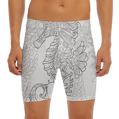 Black And White Seahorse Print Men's Long Boxer Briefs