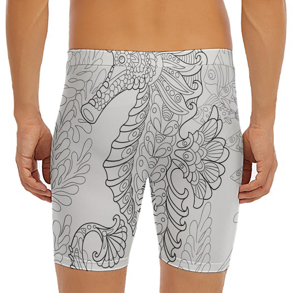 Black And White Seahorse Print Men's Long Boxer Briefs