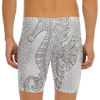 Black And White Seahorse Print Men's Long Boxer Briefs