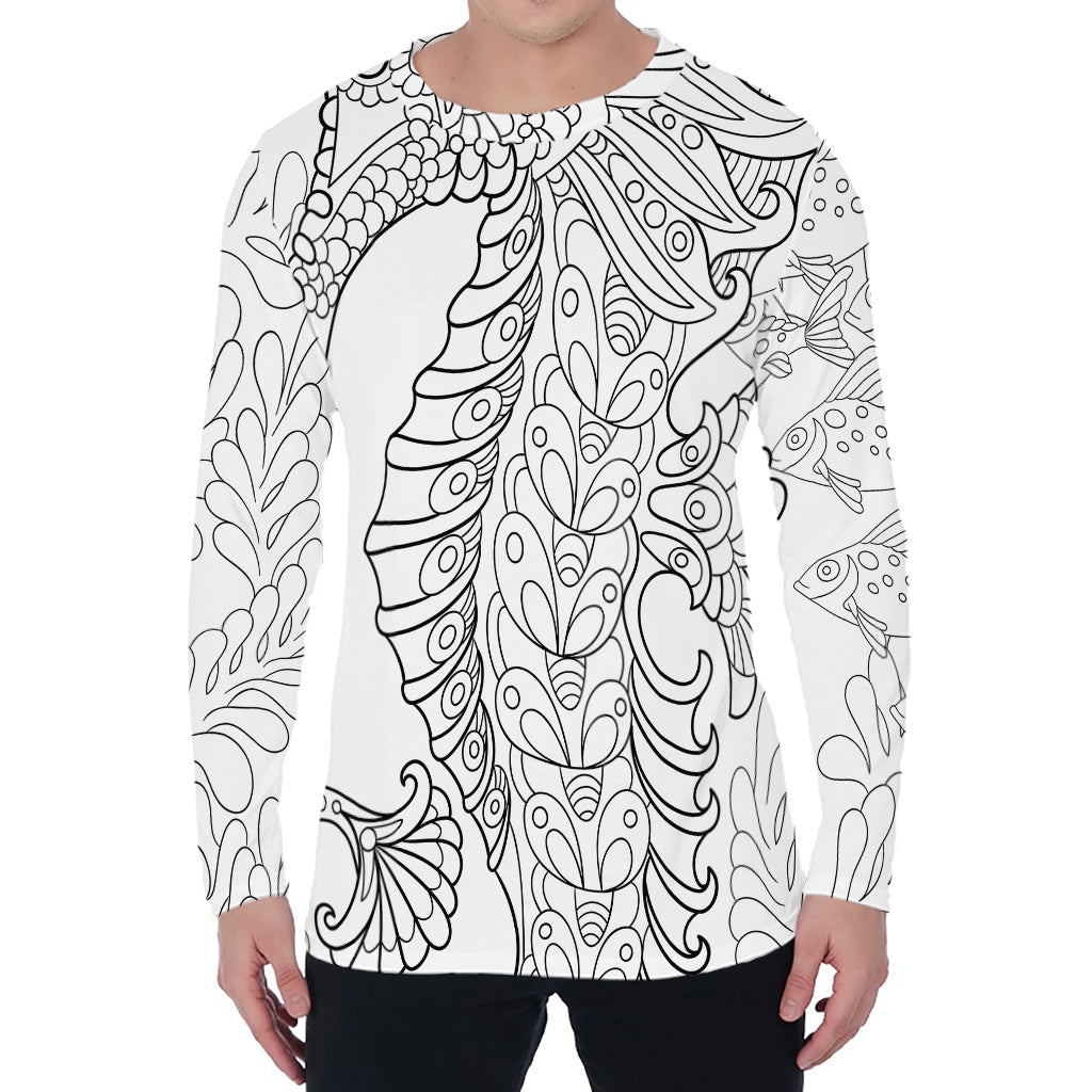 Black And White Seahorse Print Men's Long Sleeve T-Shirt