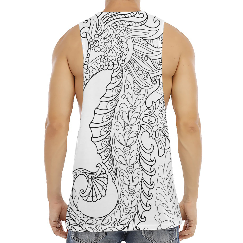 Black And White Seahorse Print Men's Muscle Tank Top
