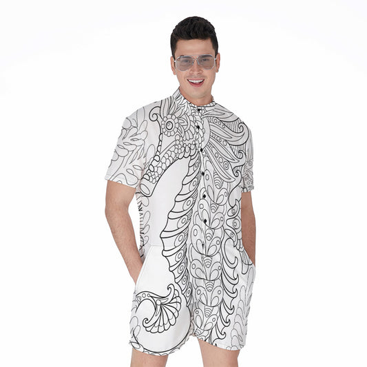 Black And White Seahorse Print Men's Rompers