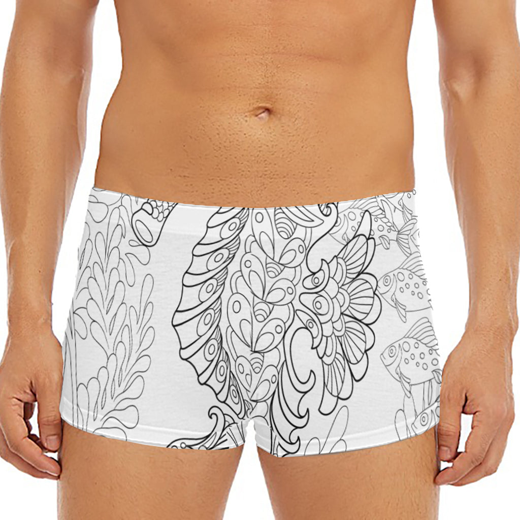 Black And White Seahorse Print Men's Short Boxer Briefs