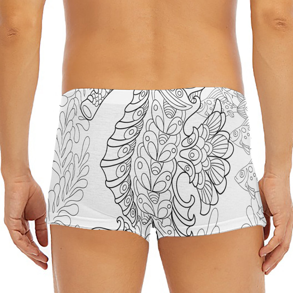 Black And White Seahorse Print Men's Short Boxer Briefs