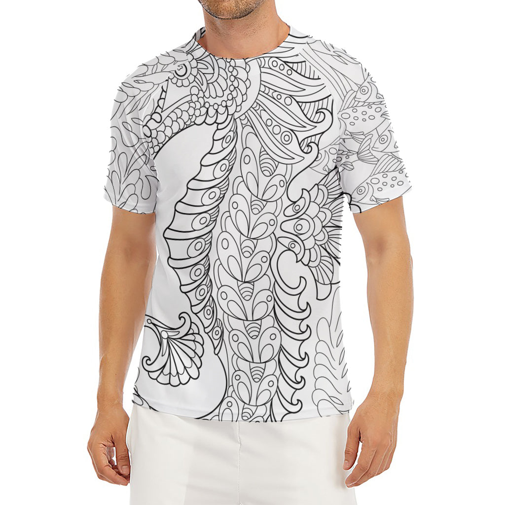 Black And White Seahorse Print Men's Short Sleeve Rash Guard