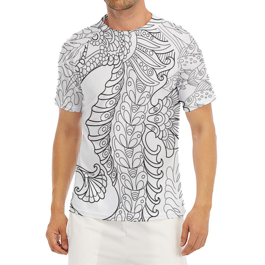 Black And White Seahorse Print Men's Short Sleeve Rash Guard