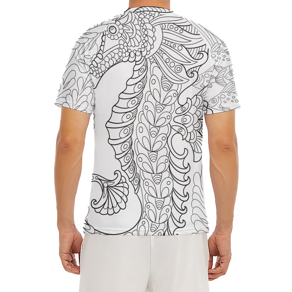 Black And White Seahorse Print Men's Short Sleeve Rash Guard