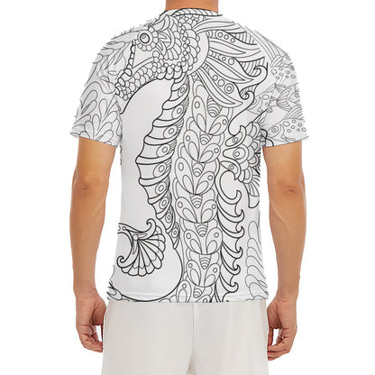 Black And White Seahorse Print Men's Short Sleeve Rash Guard