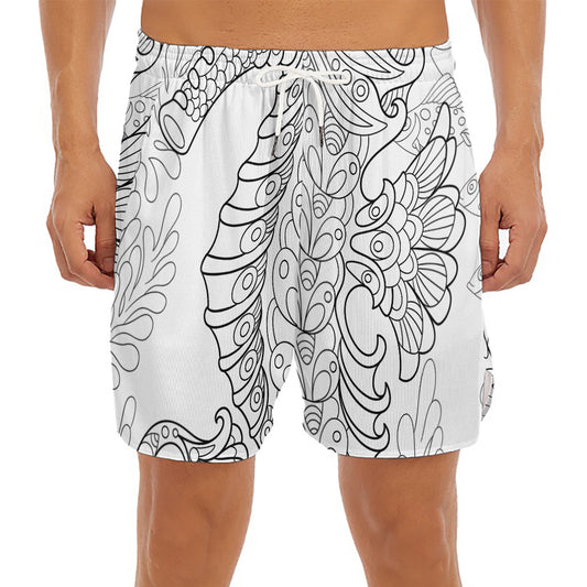 Black And White Seahorse Print Men's Split Running Shorts
