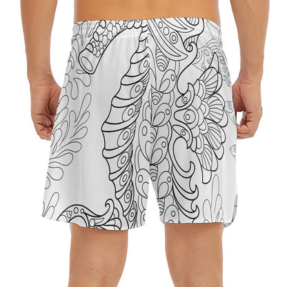 Black And White Seahorse Print Men's Split Running Shorts