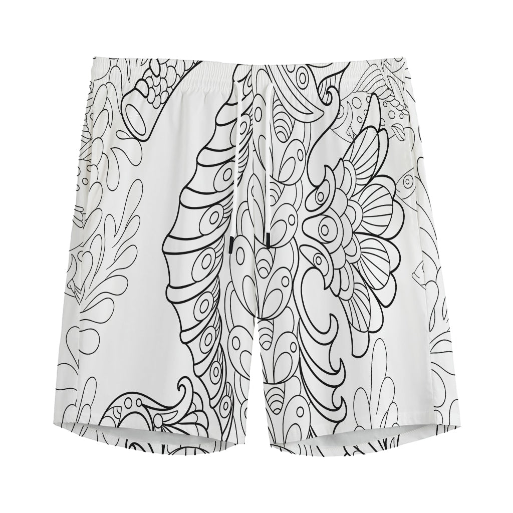 Black And White Seahorse Print Men's Sports Shorts