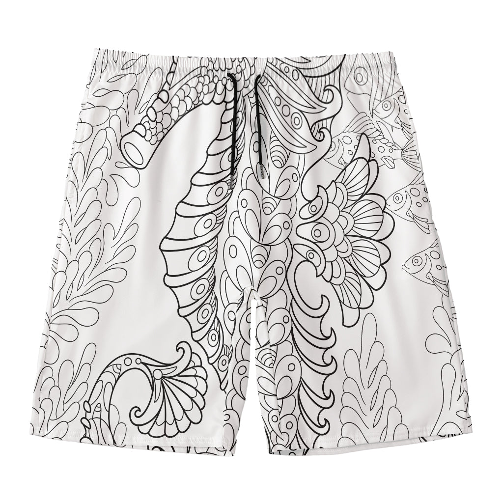Black And White Seahorse Print Men's Swim Trunks