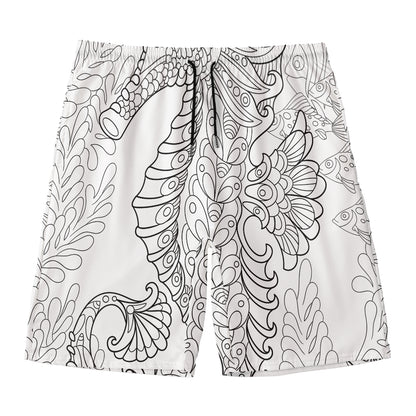 Black And White Seahorse Print Men's Swim Trunks