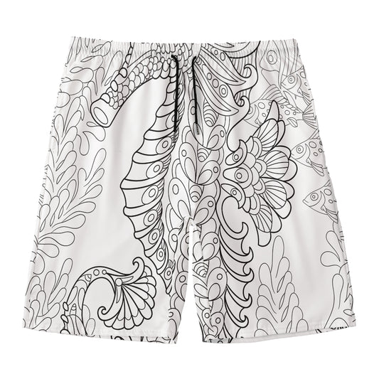Black And White Seahorse Print Men's Swim Trunks