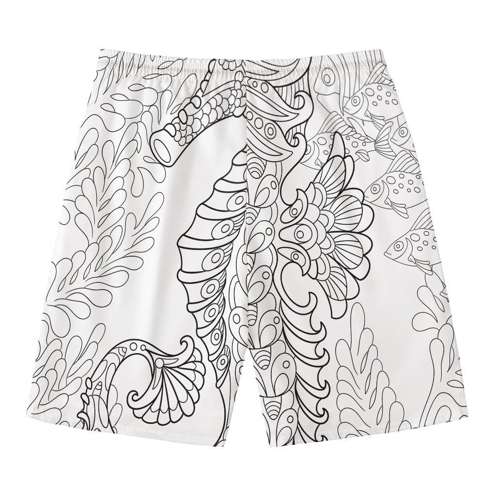 Black And White Seahorse Print Men's Swim Trunks