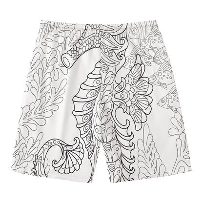 Black And White Seahorse Print Men's Swim Trunks