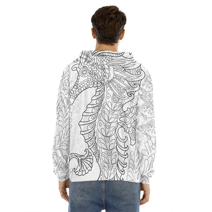 Black And White Seahorse Print Men's Velvet Pullover Hoodie