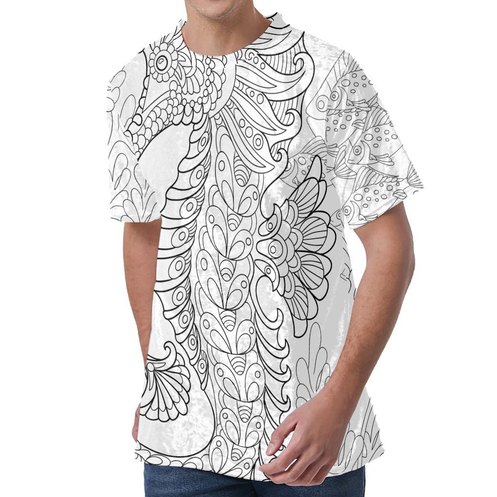 Black And White Seahorse Print Men's Velvet T-Shirt