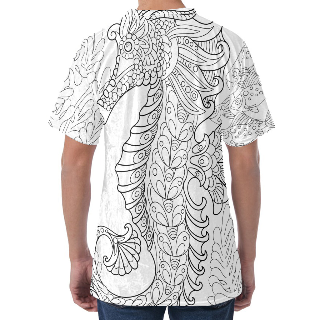 Black And White Seahorse Print Men's Velvet T-Shirt
