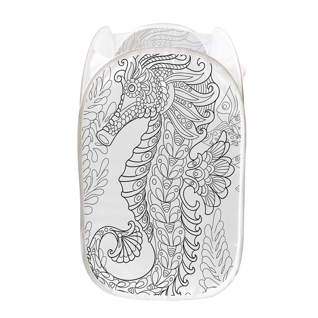 Black And White Seahorse Print Mesh Laundry Hamper