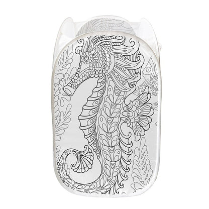 Black And White Seahorse Print Mesh Laundry Hamper