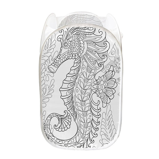 Black And White Seahorse Print Mesh Laundry Hamper