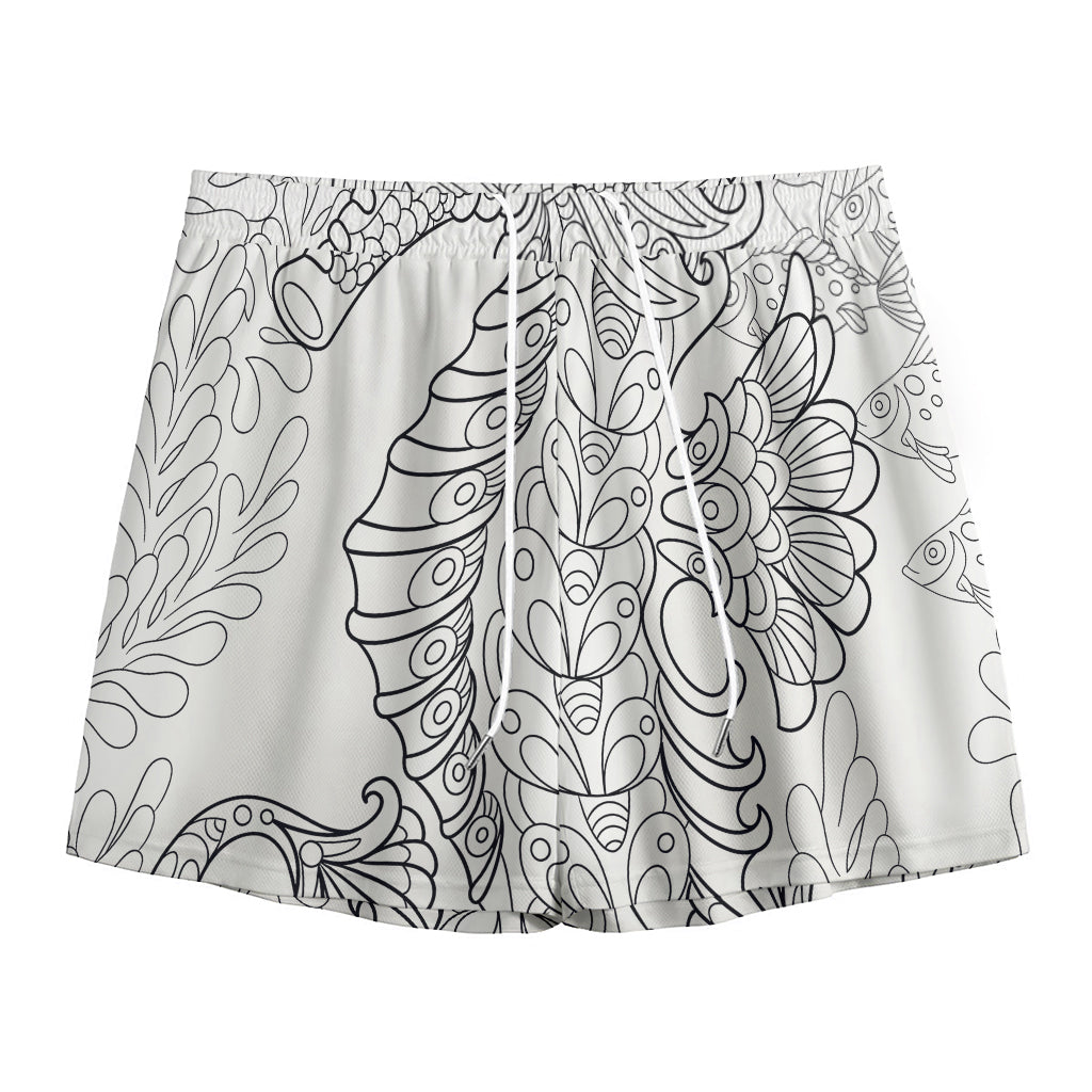 Black And White Seahorse Print Mesh Shorts