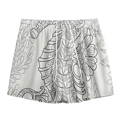 Black And White Seahorse Print Mesh Shorts