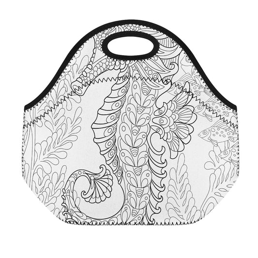 Black And White Seahorse Print Neoprene Lunch Bag
