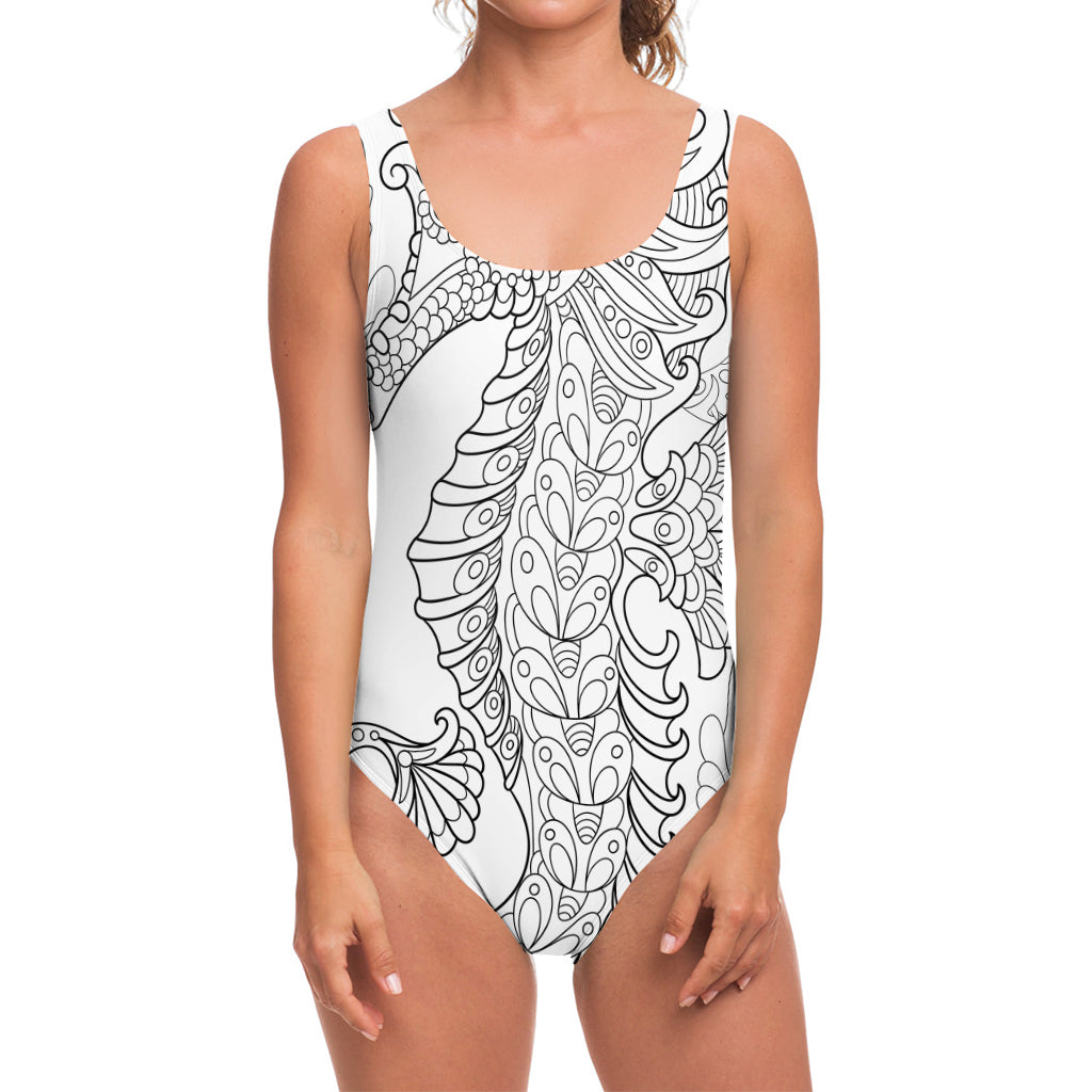 Black And White Seahorse Print One Piece Swimsuit
