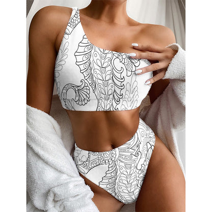 Black And White Seahorse Print One Shoulder Bikini Top