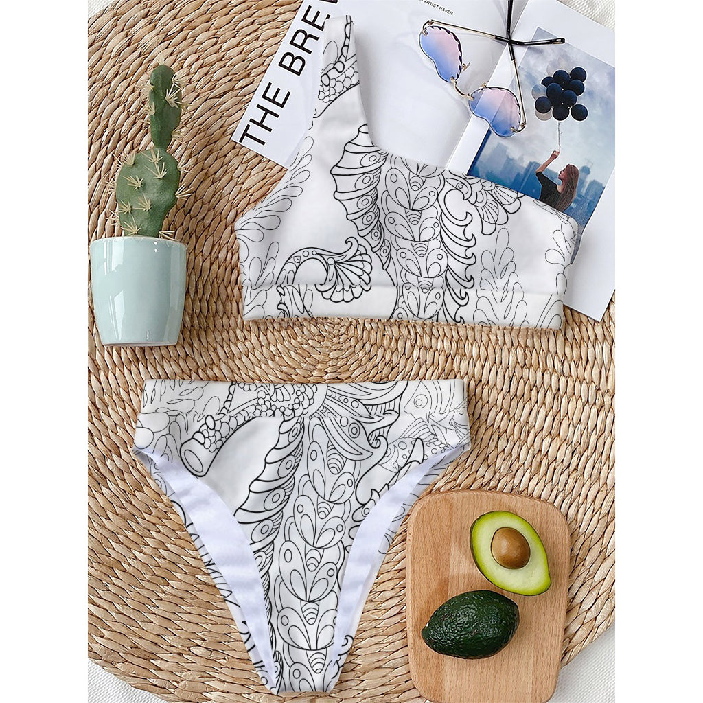 Black And White Seahorse Print One Shoulder Bikini Top