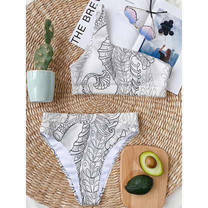 Black And White Seahorse Print One Shoulder Bikini Top
