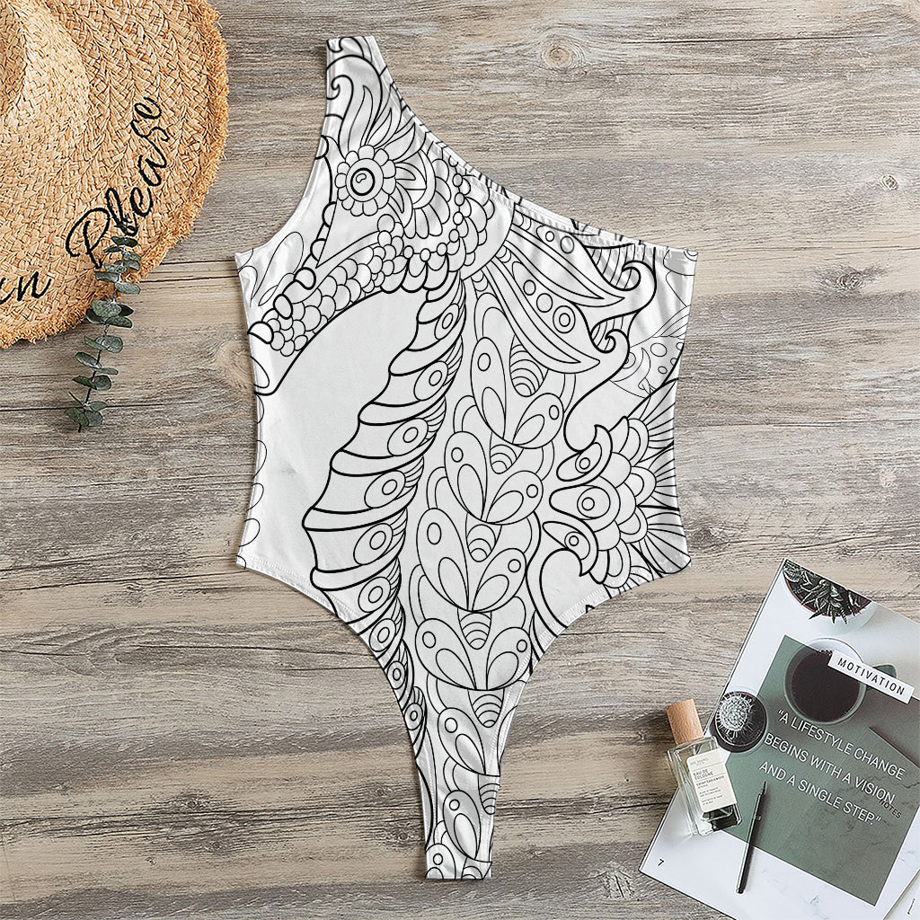 Black And White Seahorse Print One Shoulder Bodysuit