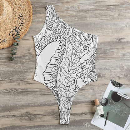 Black And White Seahorse Print One Shoulder Bodysuit