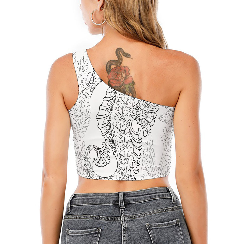 Black And White Seahorse Print One Shoulder Crop Top
