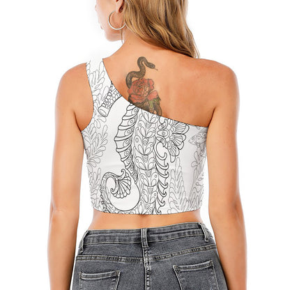 Black And White Seahorse Print One Shoulder Crop Top