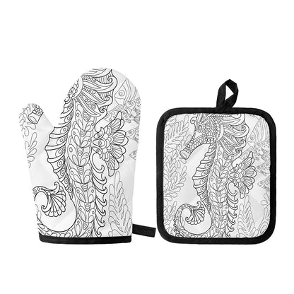 Black And White Seahorse Print Oven Mitt And Pot Holder Set