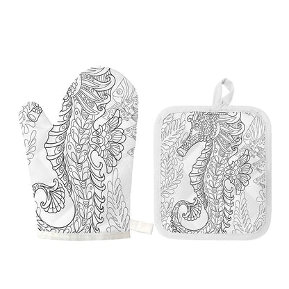 Black And White Seahorse Print Oven Mitt And Pot Holder Set