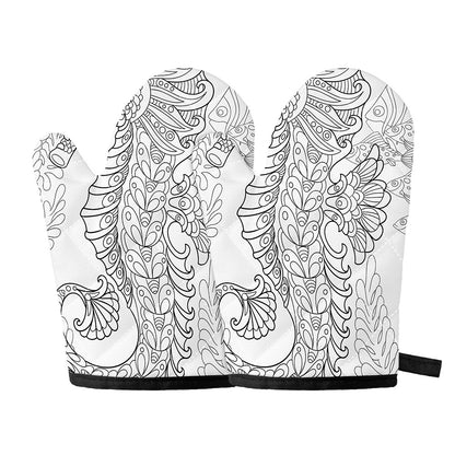 Black And White Seahorse Print Oven Mitts