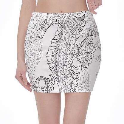 Black And White Seahorse Print Pencil Mini Skirt