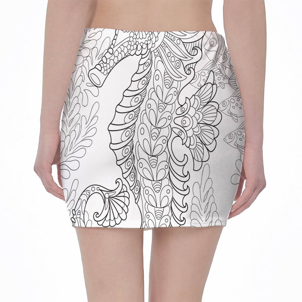 Black And White Seahorse Print Pencil Mini Skirt